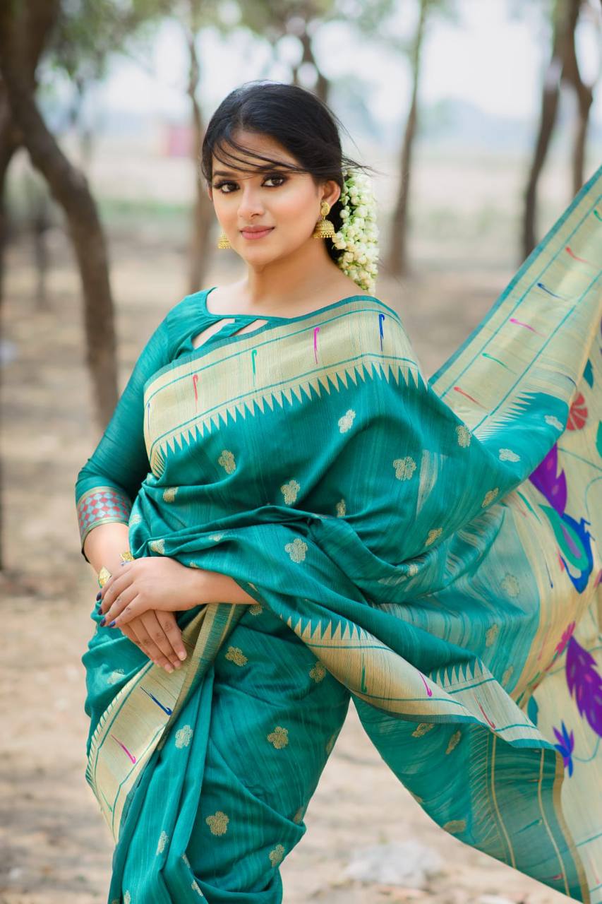 Sky Blue Banarasi Tussar Silk Paithani Saree With Pure Zari Woven Border