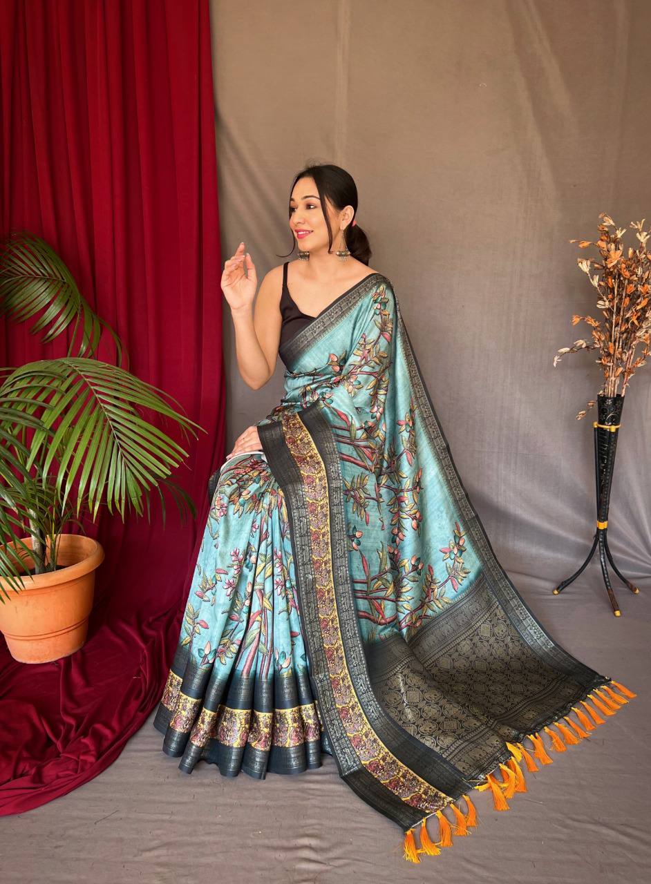Sky Blue Pure Kanchipuram Digital Printed Saree
