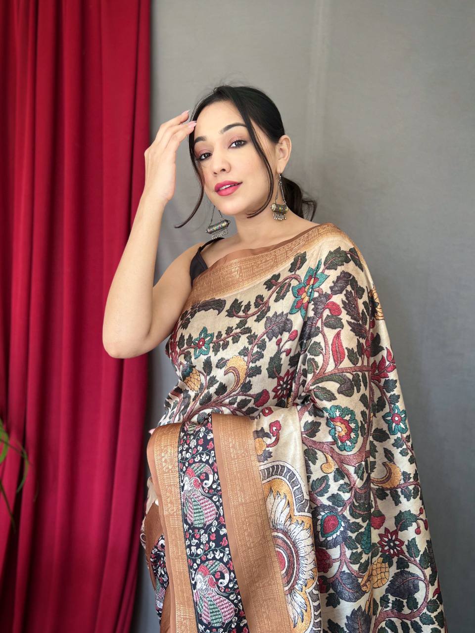 Brown Pure Kanchipuram Digital Printed Saree