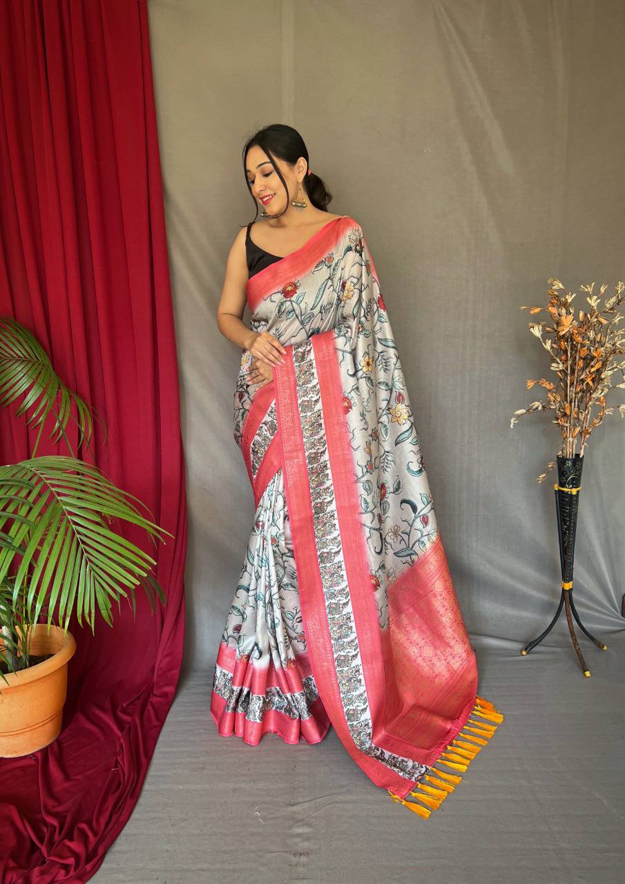 White Pure Kanchipuram Digital Printed Saree