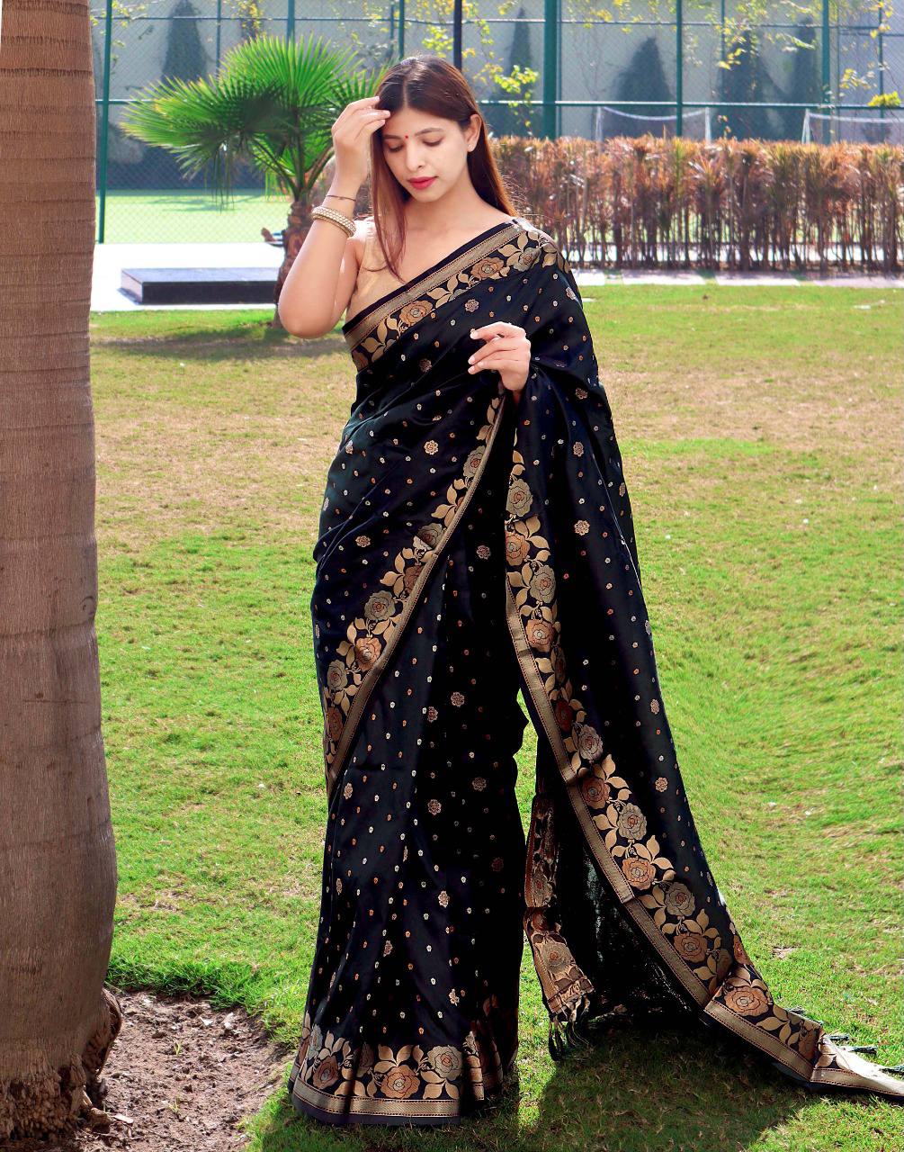 Black Pure Soft  Silk Saree With Copper And Golden Zari