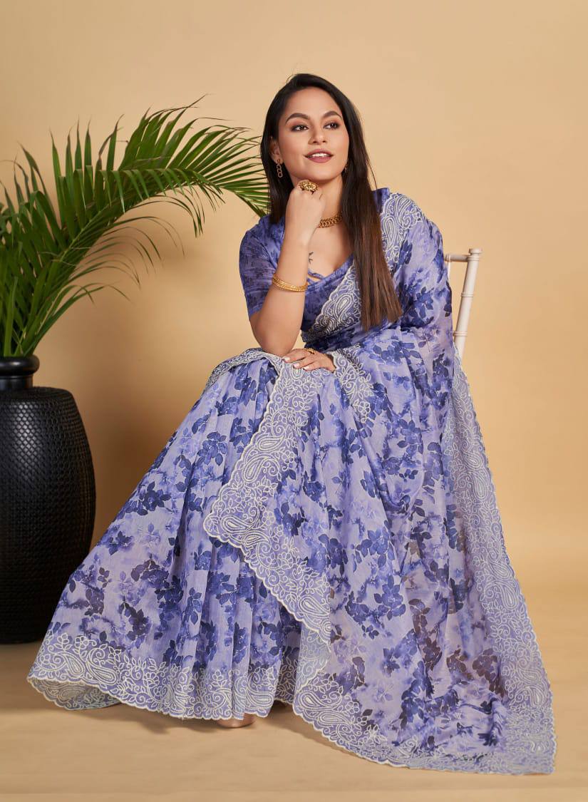 Blue Soft Linen Cotton Saree