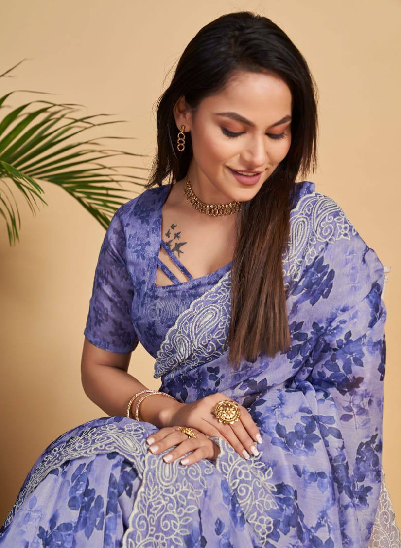 Blue Soft Linen Cotton Saree