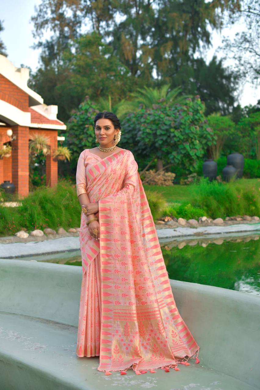 Peach Pure Tussar Silk Jamdani Weaving Saree