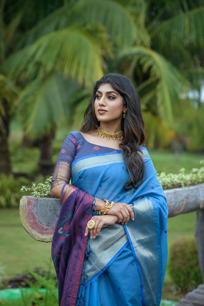 Blue Premium Chanderi Silk Saree With Unique Meena Weaves