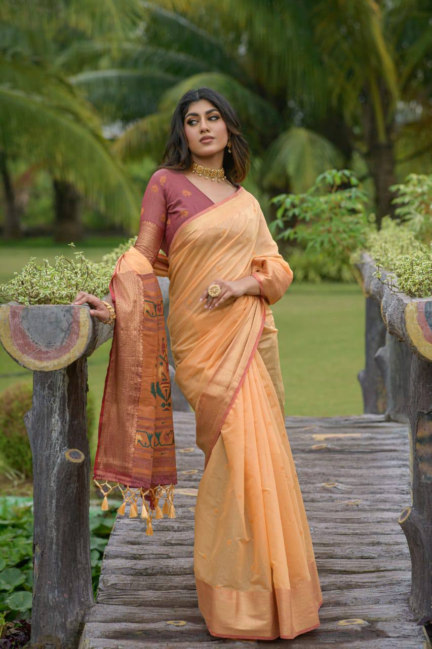 Orange Premium Chanderi Silk Saree With Unique Meena Weaves