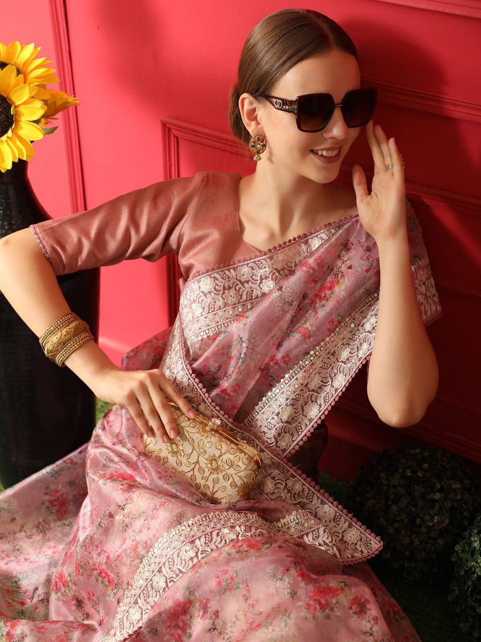 Wine Soft Organza Silk Saree