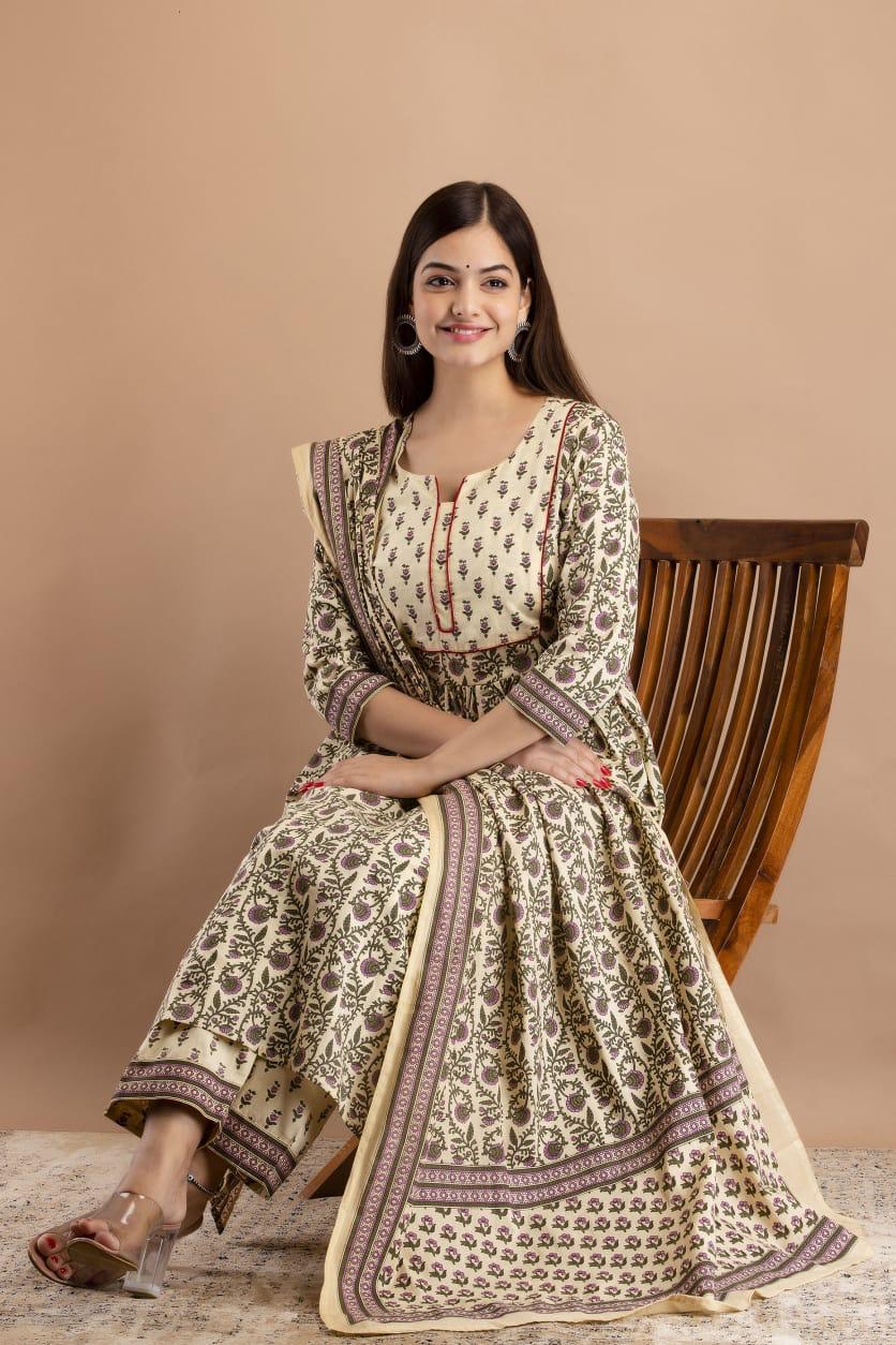 Women's Beautiful Hand Block Print Long Slit Cotton Kurta With Dupatta And Bottomwear