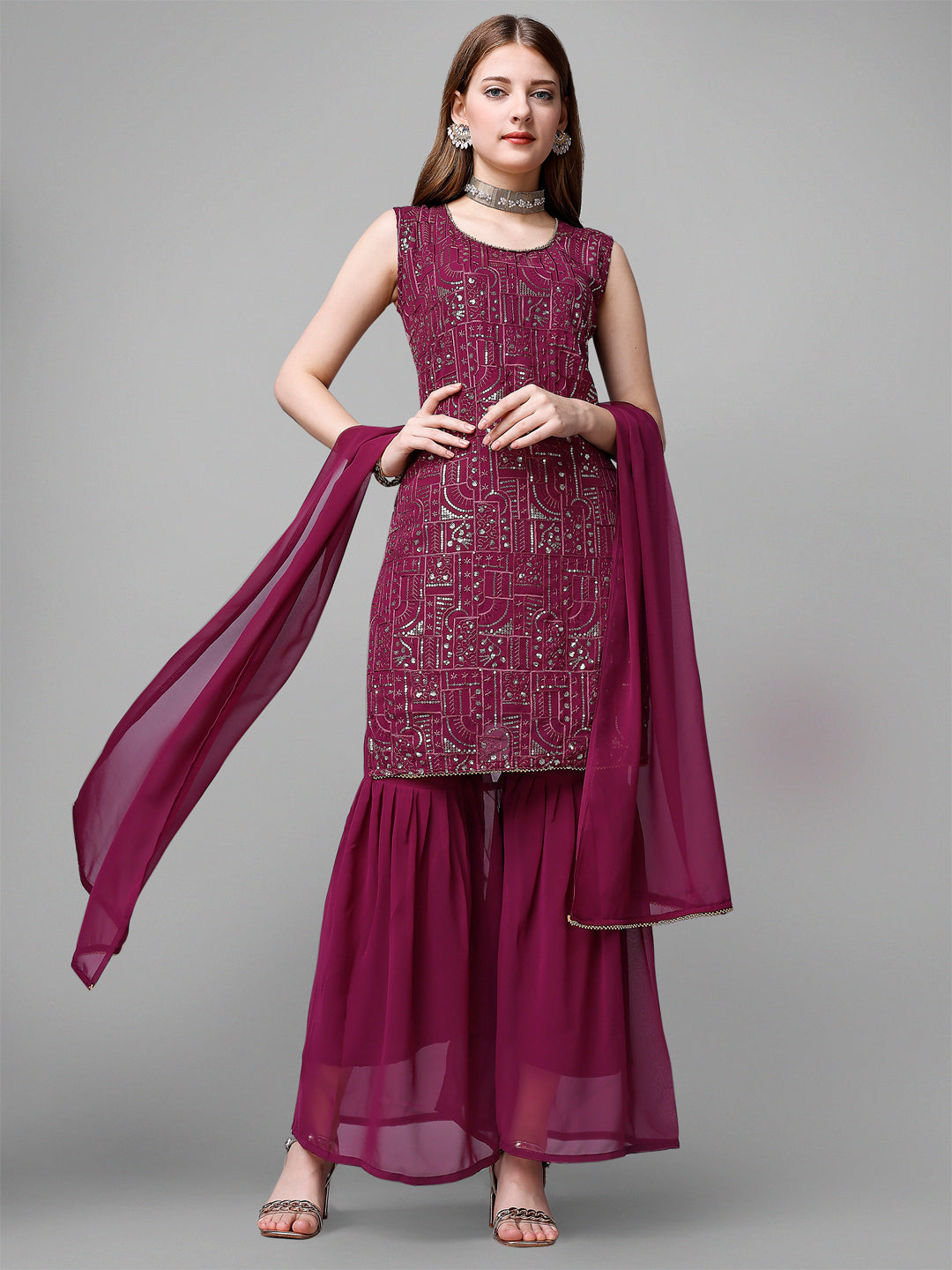 Georgette Embroidered Kurta Set With Dupatta