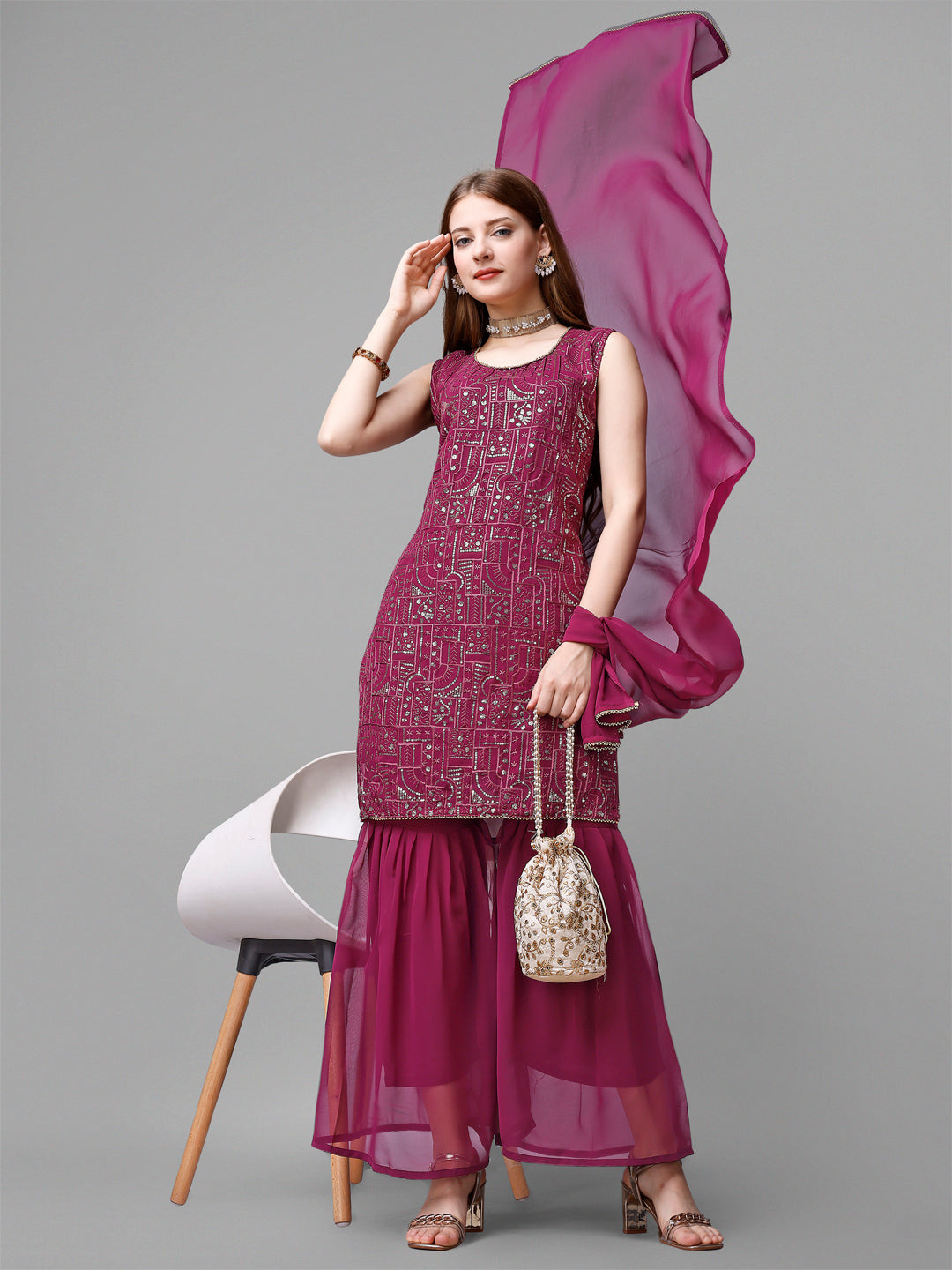 Georgette Embroidered Kurta Set With Dupatta
