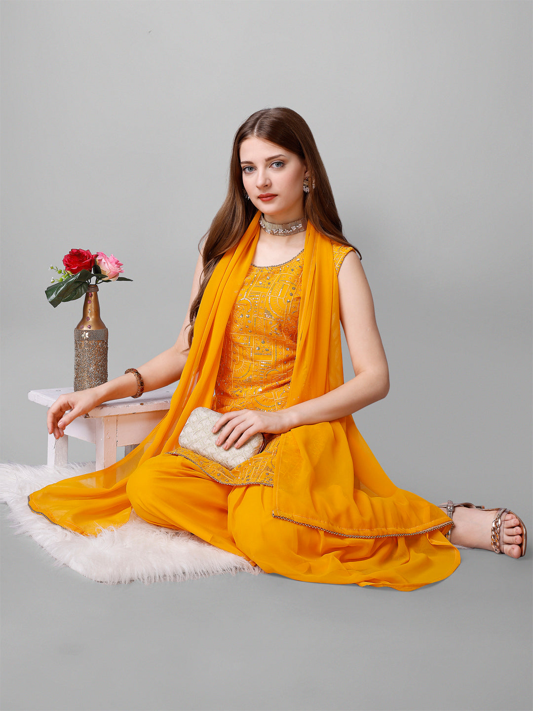 Georgette Embroidered Kurta Set With Dupatta