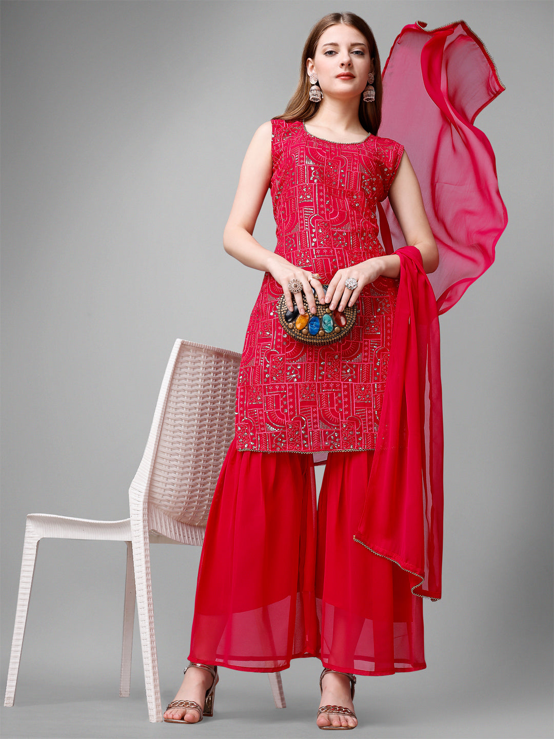 Georgette Embroidered Kurta Set With Dupatta