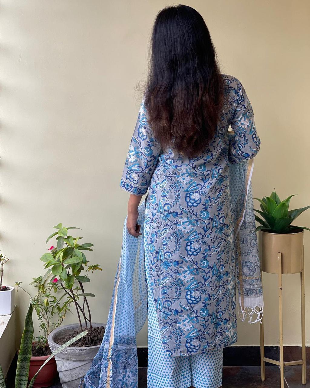 Women's Cotton Printed and Embroidery Work Kurta And Dupatta With Pant