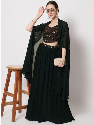 Sequined Semi-Stitched Crush Pattern Lehenga & Unstitched Blouse With Dupatta