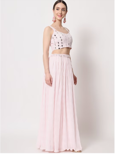 Embellished Mirror Work Semi-Stitched Lehenga & Unstitched Blouse With Dupatta