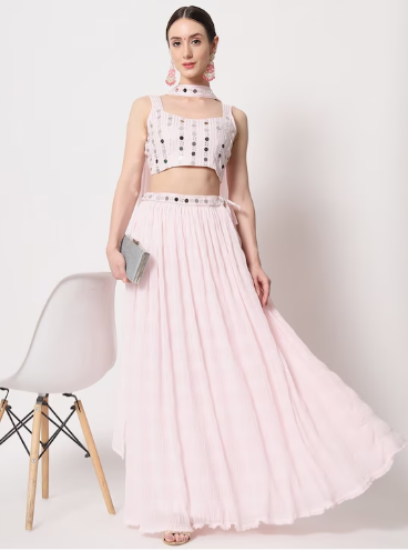 Embellished Mirror Work Semi-Stitched Lehenga & Unstitched Blouse With Dupatta