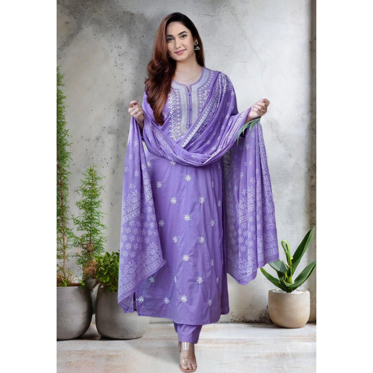 Cotton Fabric Kurta Set With Dupatta