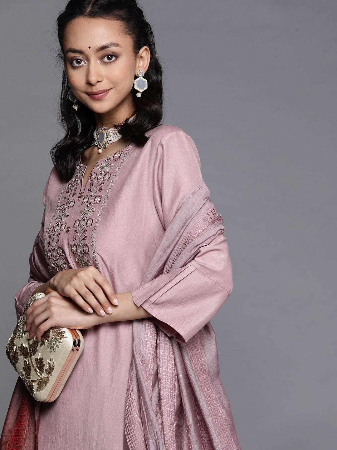 Viscose Rayon Slub Rosy Brown Embroidery Kurta Set With Dupatta Set