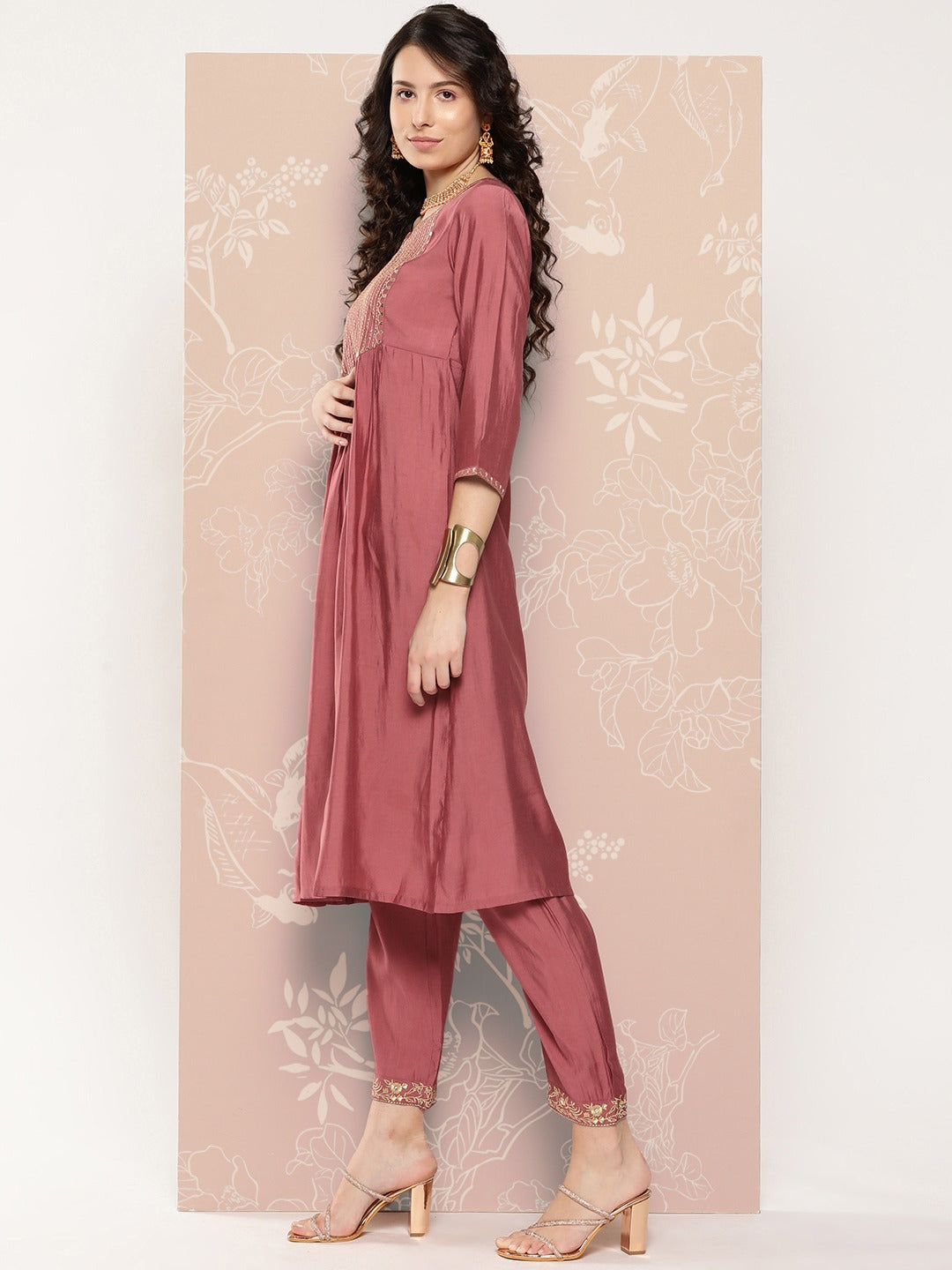 Viscose Chanderi Wine Embroidery Kurta Set With Dupatta Set