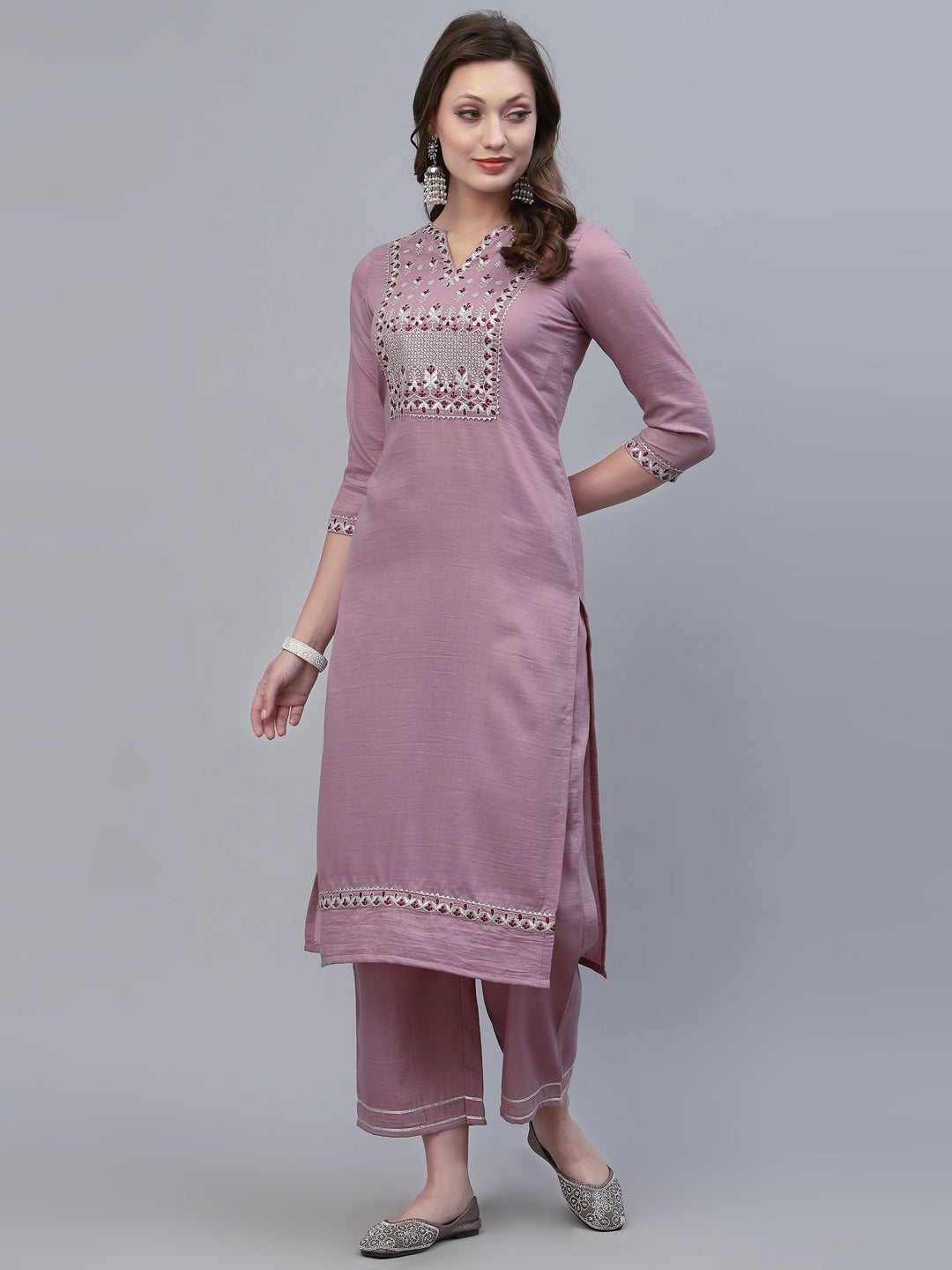 Viscose Rayon Slub Kurta Set With Printed Dupatta Set