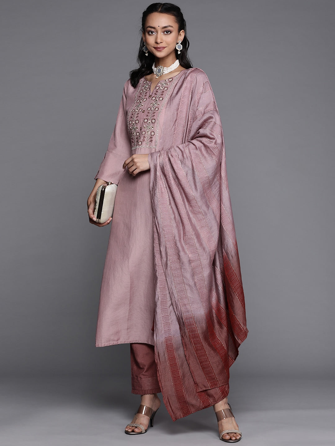 Viscose Rayon Slub Rosy Brown Embroidery Kurta Set With Dupatta Set