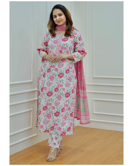 Women's Decorated With Beautiful Cotton Suit Prints Kurti Pant