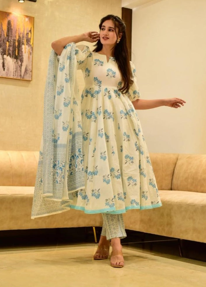 Beautiful Reyon Procin Print Anarkali Kurti with pant and dupatta  Set