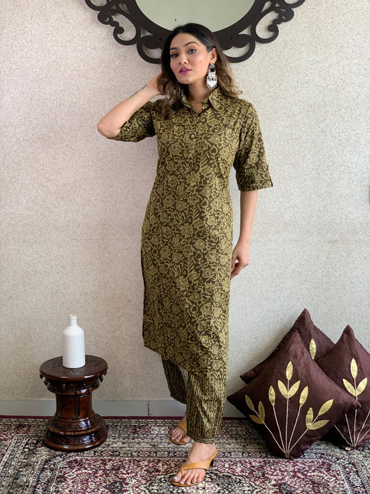 Women's Beautiful Brown Colour Cotton Kurta & Bottomwear