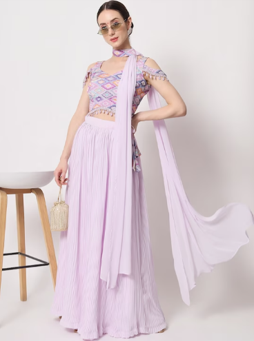 Printed Semi-Stitched Lehenga & Unstitched Blouse With Dupatta