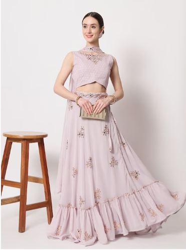 Sequined Semi-Stitched Lehenga & Unstitched Blouse With Dupatta