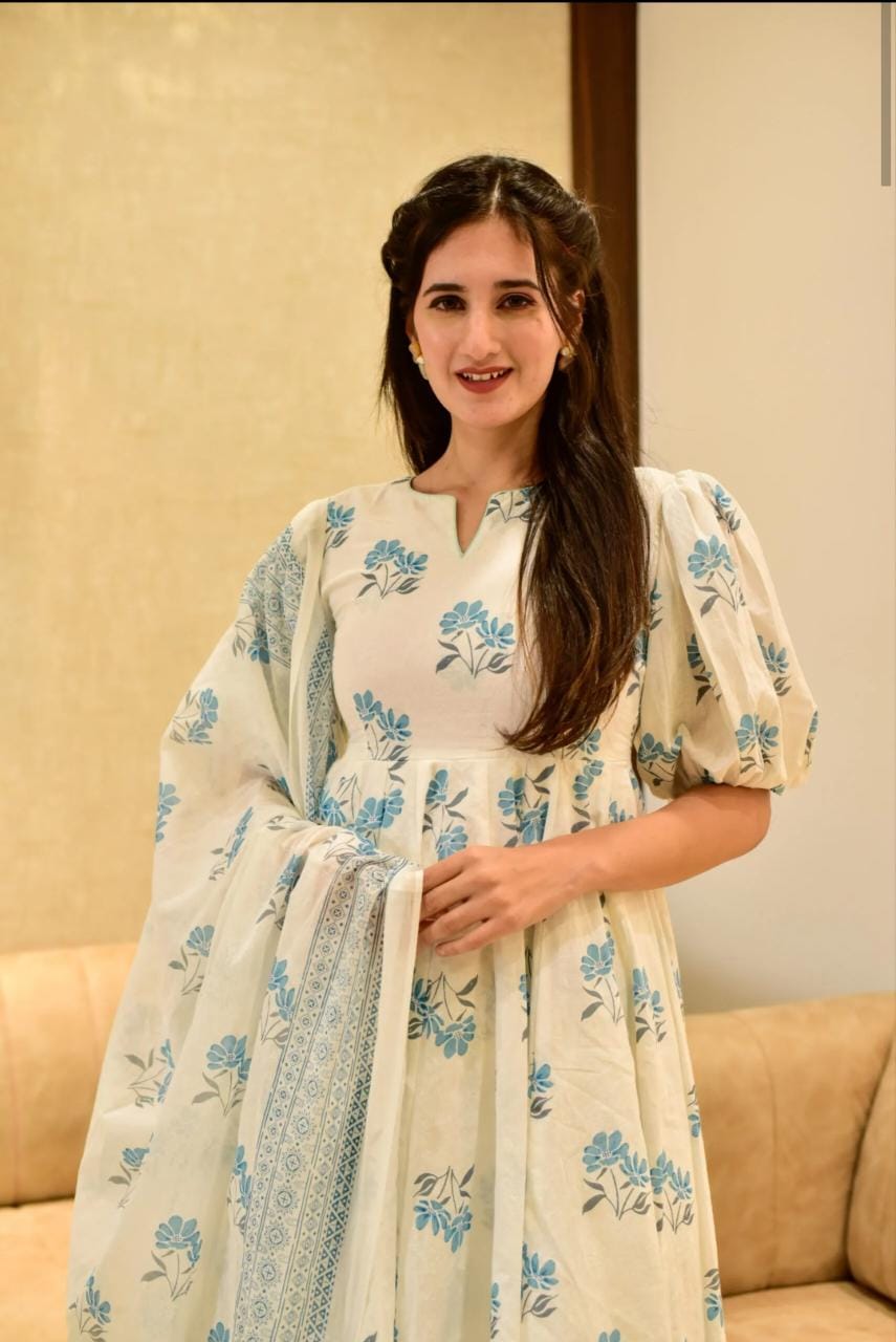 Beautiful Reyon Procin Print Anarkali Kurti with pant and dupatta  Set