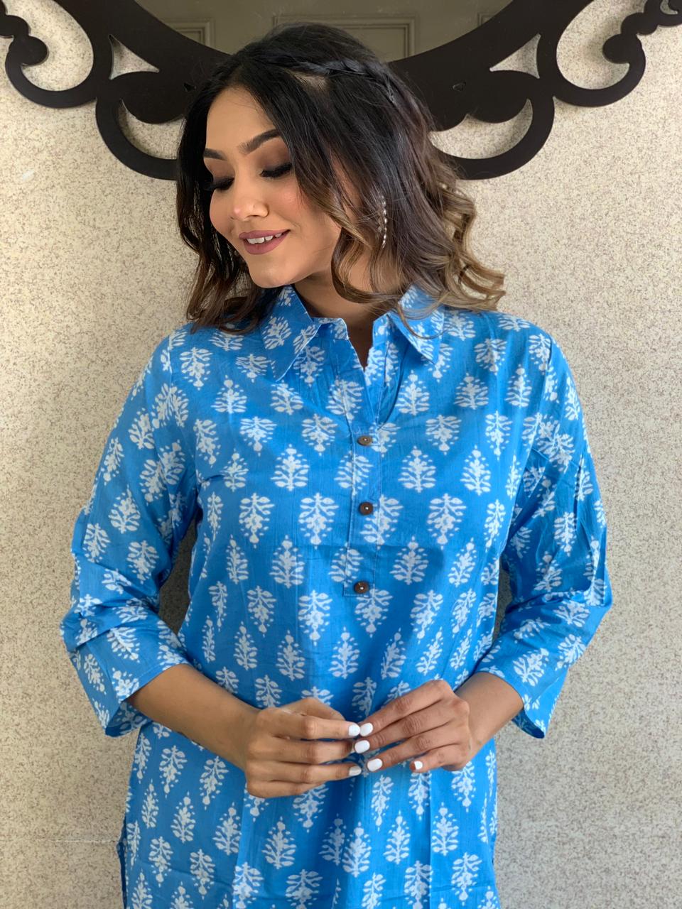 Beautiful Blue & White Cotton Printed Kurta Set