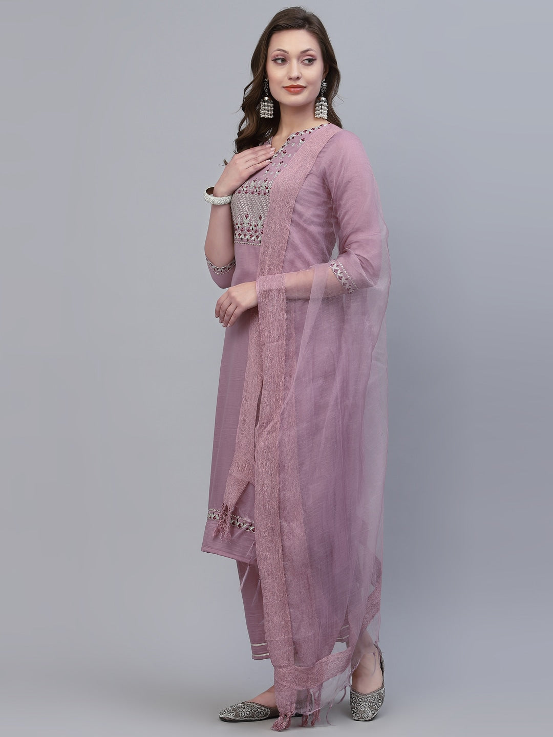 Viscose Rayon Slub Kurta Set With Printed Dupatta Set