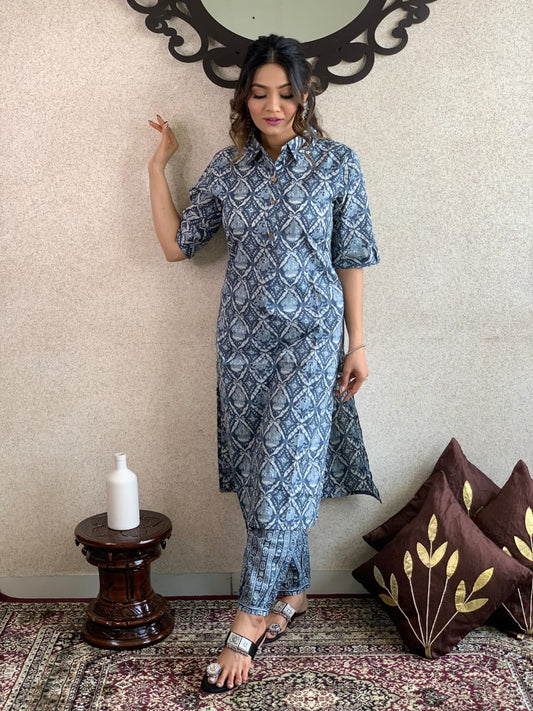 Women's Beautiful Blue Colour Cotton Kurta With Bottomwear