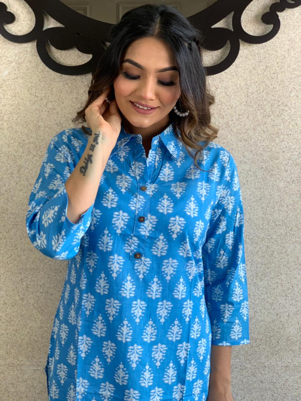 Beautiful Blue & White Cotton Printed Kurta Set