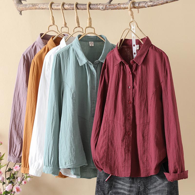 Cotton Solid Long Sleeve Shirt Women