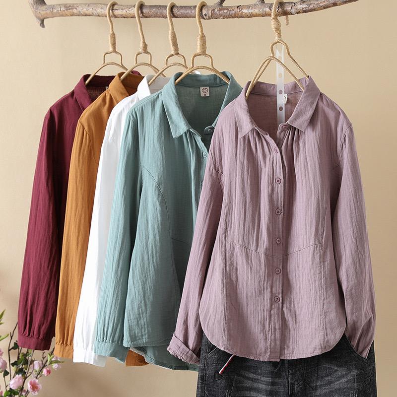 Cotton Solid Long Sleeve Shirt Women