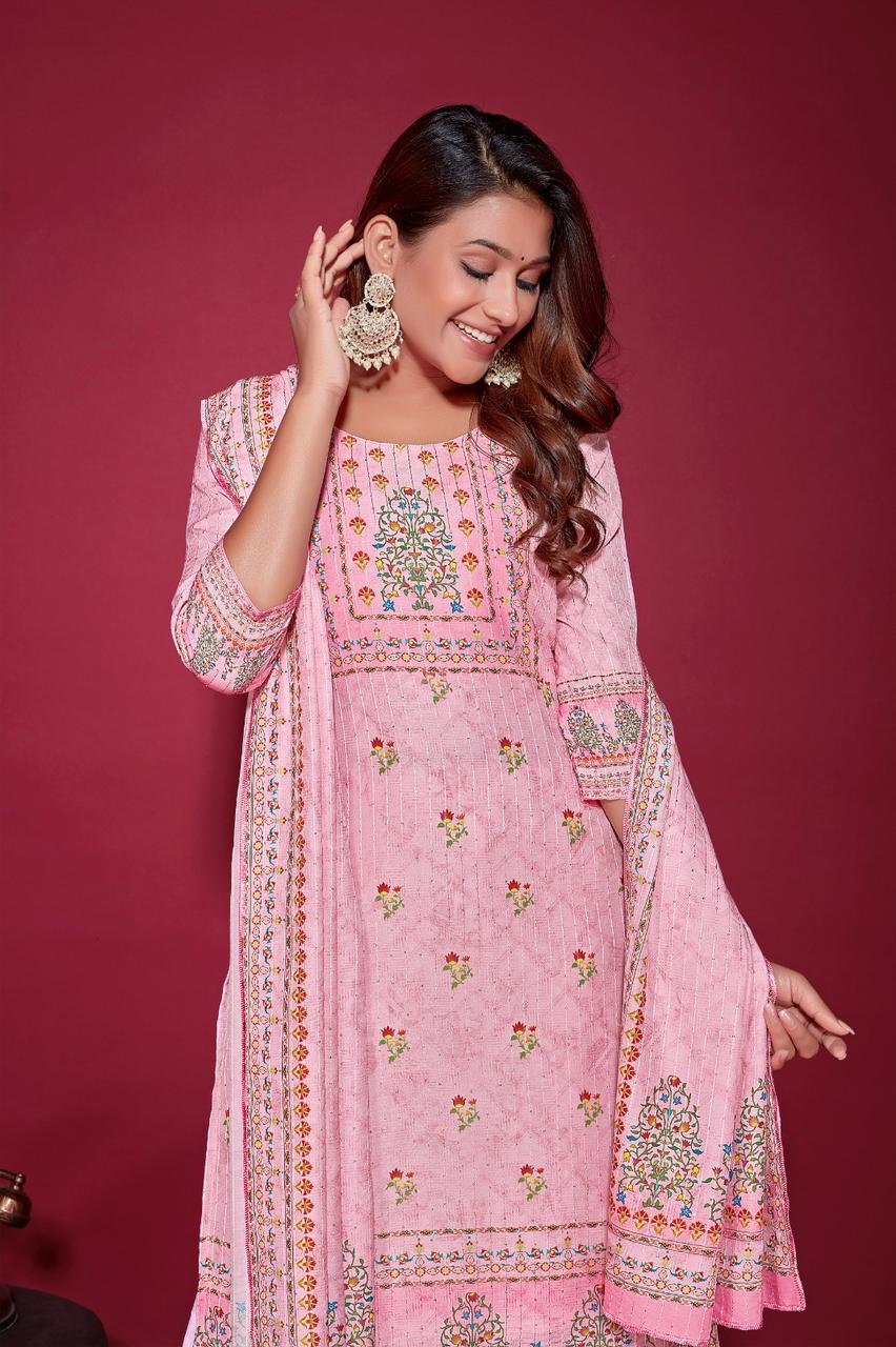 Floral Digital Print With Sequence Embroidered Baby Pink Kurta Set