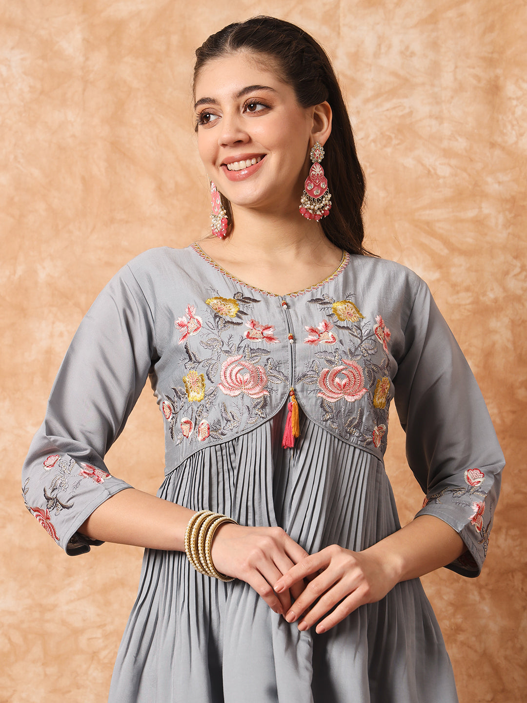 Viscose Rayon Embroidery Work Kurta Set With Dupatta