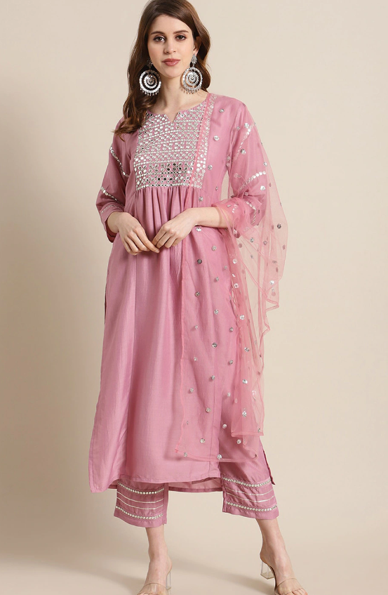 Rayon Slub Embroidered Kurta Set With Dupatta