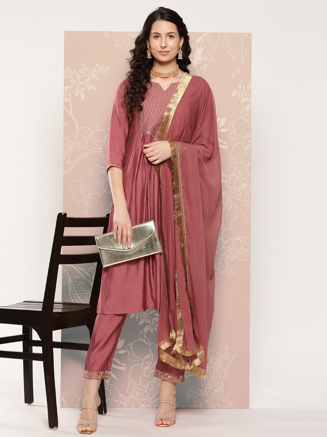 Viscose Chanderi Wine Embroidery Kurta Set With Dupatta Set