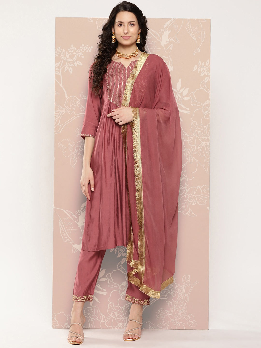 Viscose Chanderi Wine Embroidery Kurta Set With Dupatta Set