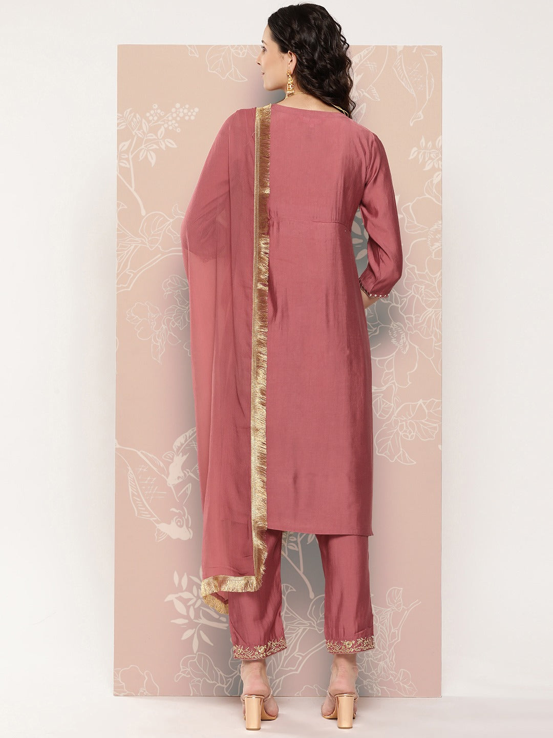 Viscose Chanderi Wine Embroidery Kurta Set With Dupatta Set