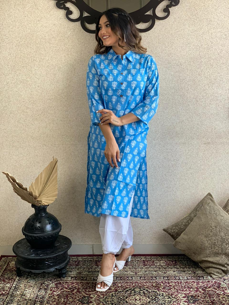 Beautiful Blue & White Cotton Printed Kurta Set