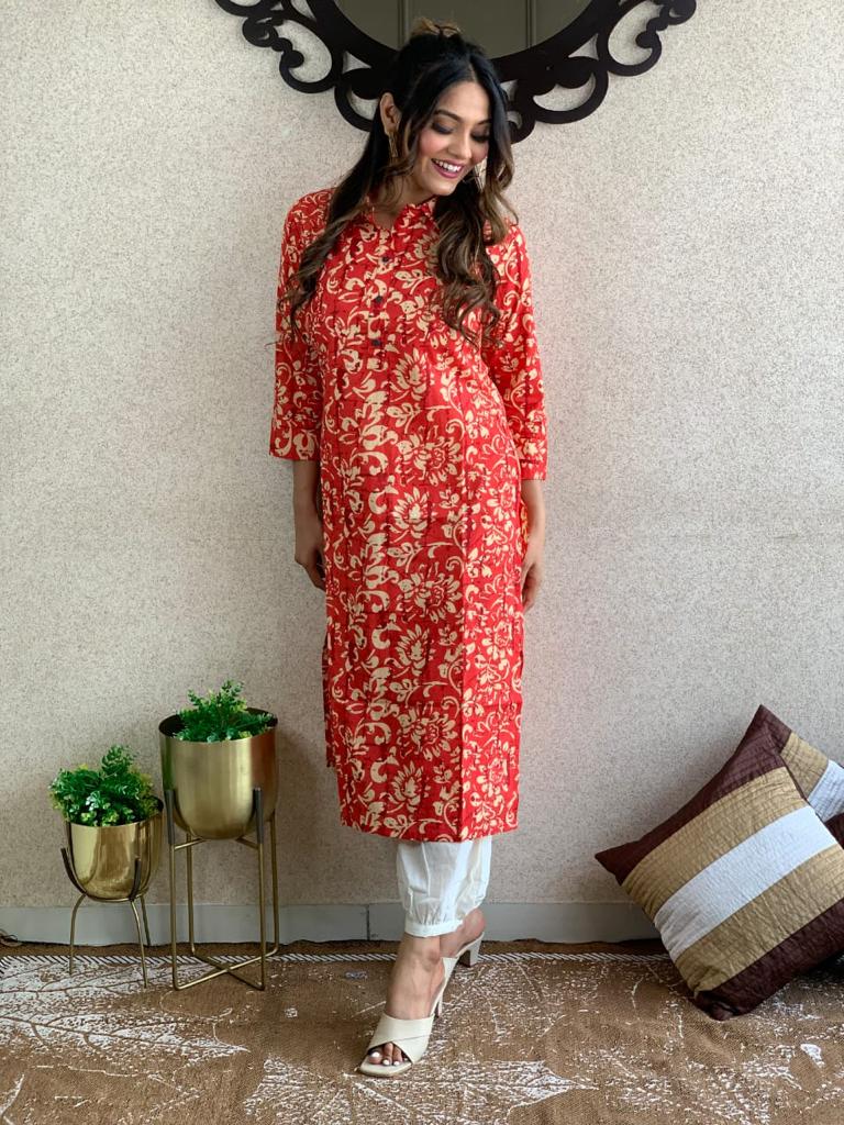 Beautiful Cotton Red Colour Kurti With Pant