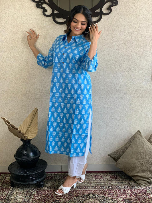 Beautiful Blue & White Cotton Printed Kurta Set