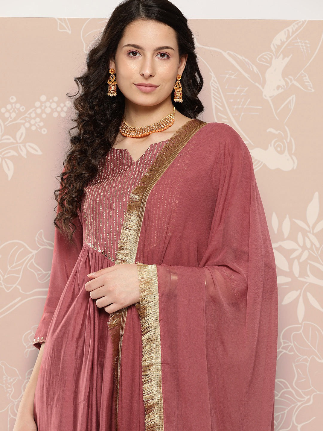 Viscose Chanderi Wine Embroidery Kurta Set With Dupatta Set