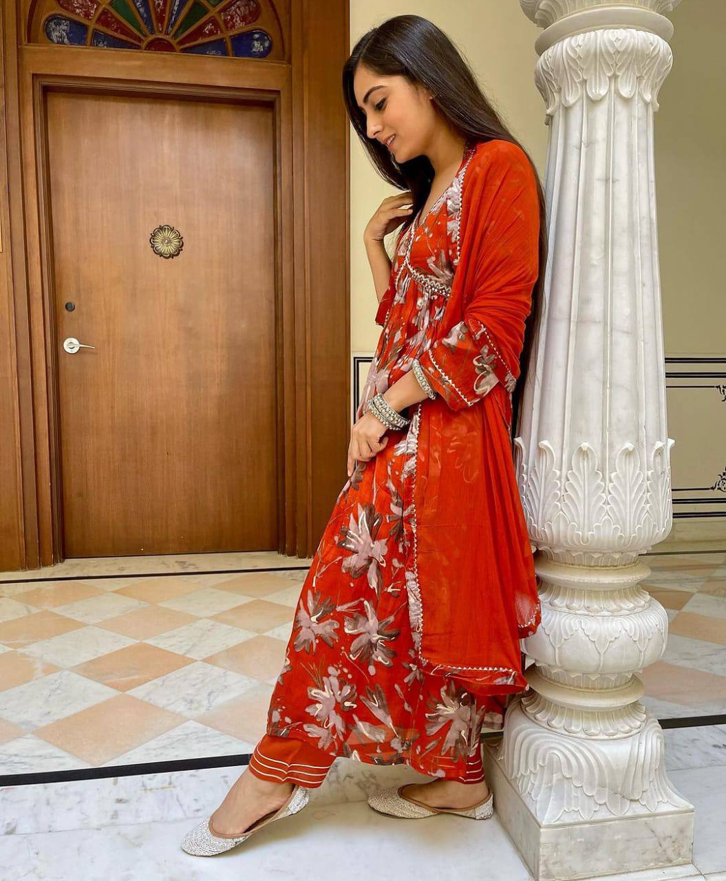 Orange Rayon Alia Cut Embroidered Kurta with Duptta set