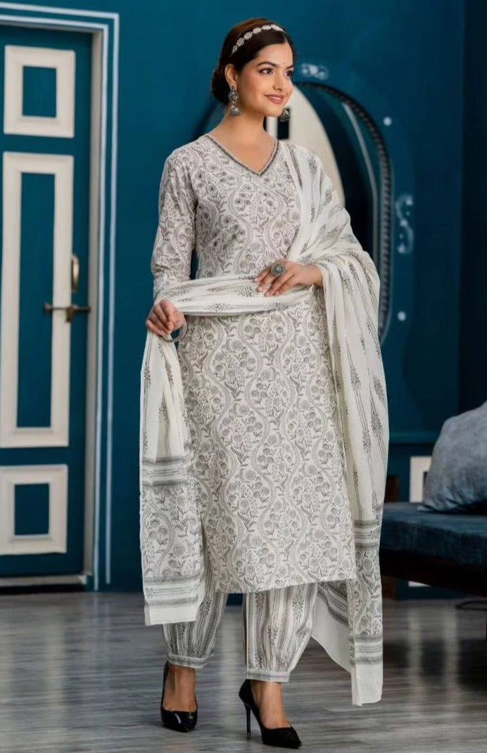 Cotton Afghani Suit Set With Mirror And Embroidery Work