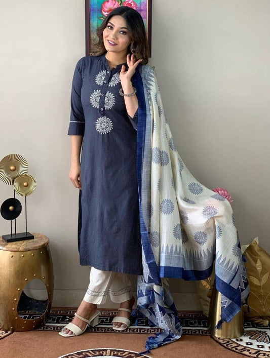 Pure Cotton Handwoven Kurta With Dupatta Set